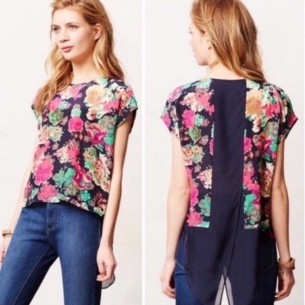 Maeve Anthropologie 100% Silk Floral High Low Blouse‎ Navy Pink Green Womens 2